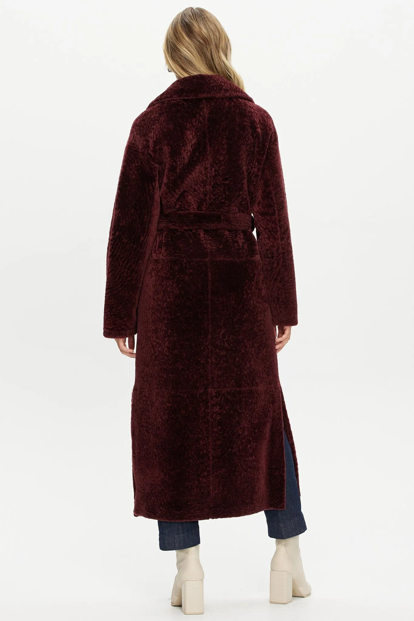 Reversible Select Shearling Lamb Coat with Side Slits and Belt