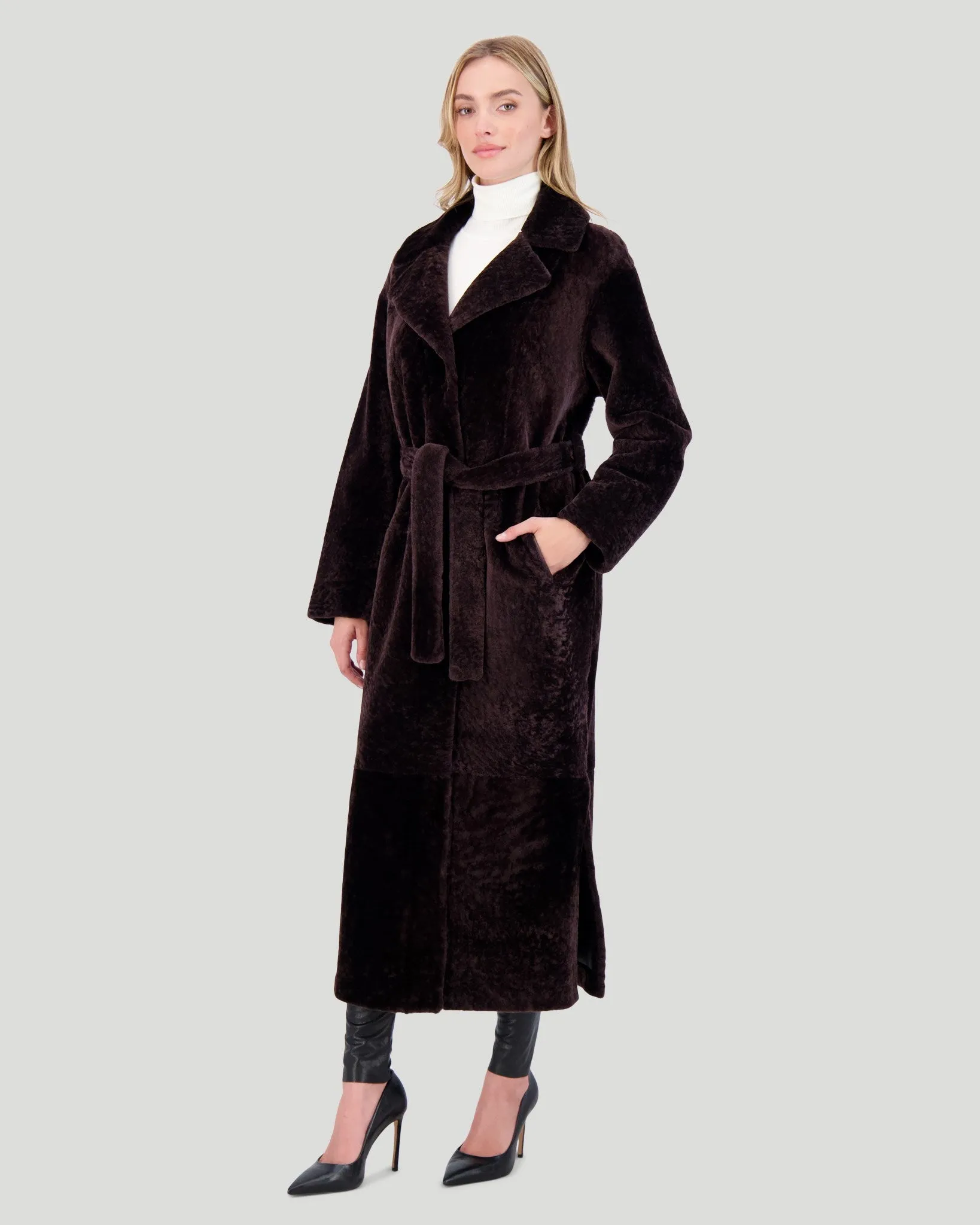 Reversible Select Shearling Lamb Coat with Side Slits and Belt