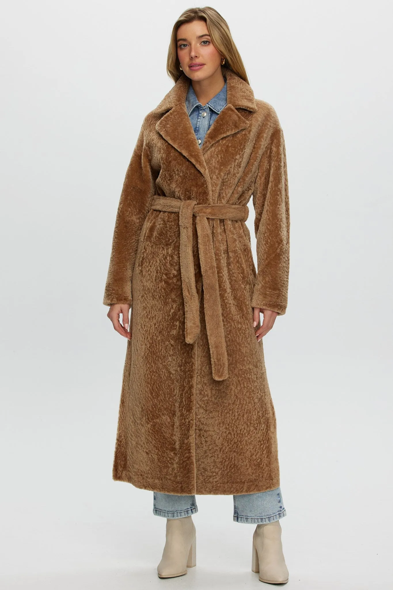 Reversible Select Shearling Lamb Coat with Side Slits and Belt