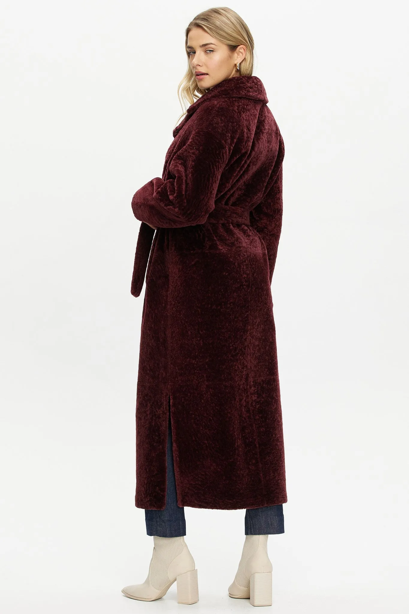 Reversible Select Shearling Lamb Coat with Side Slits and Belt