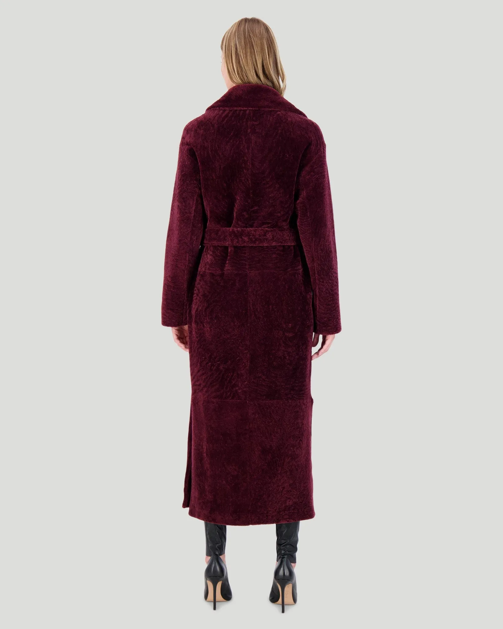 Reversible Select Shearling Lamb Coat with Side Slits and Belt