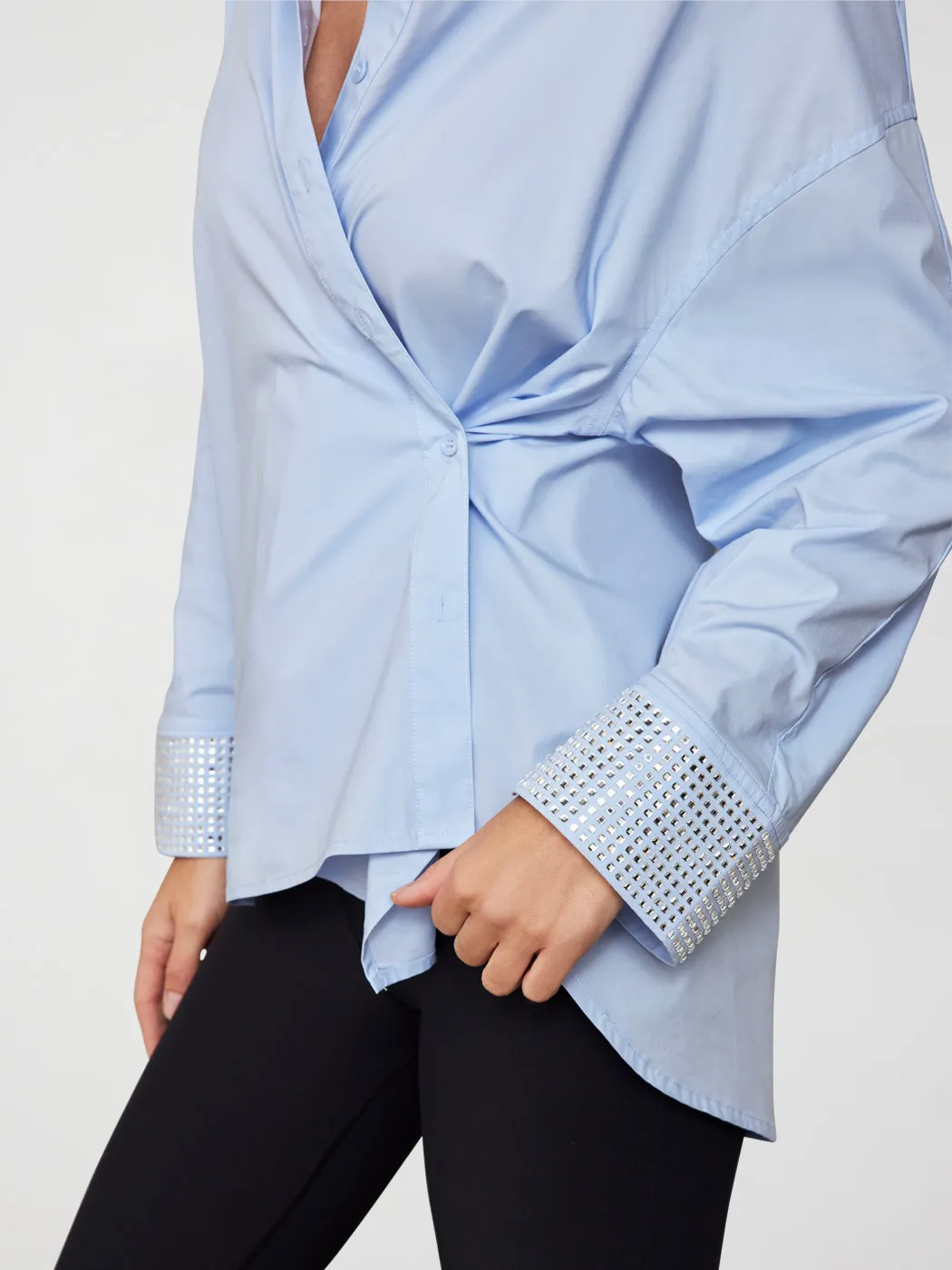 RHINESTONE OVERSIZED BUTTON UP SHIRT - Blue with Silver Rhinestones