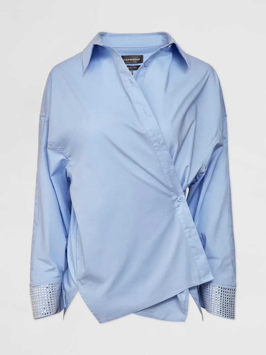 RHINESTONE OVERSIZED BUTTON UP SHIRT - Blue with Silver Rhinestones