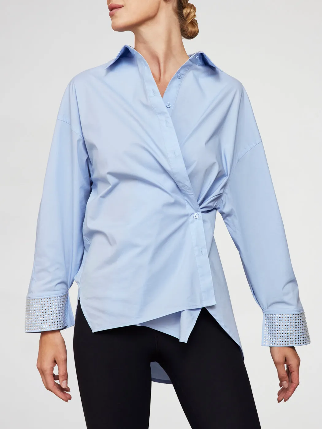 RHINESTONE OVERSIZED BUTTON UP SHIRT - Blue with Silver Rhinestones