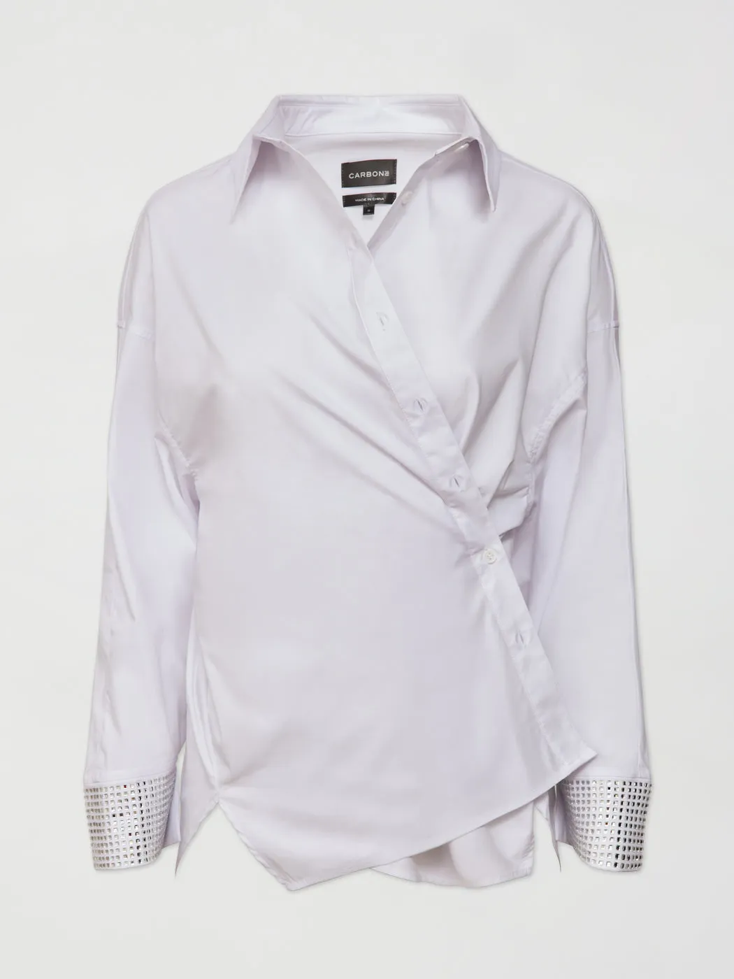 RHINESTONE OVERSIZED BUTTON UP SHIRT - White w/ Silver Rhinestones