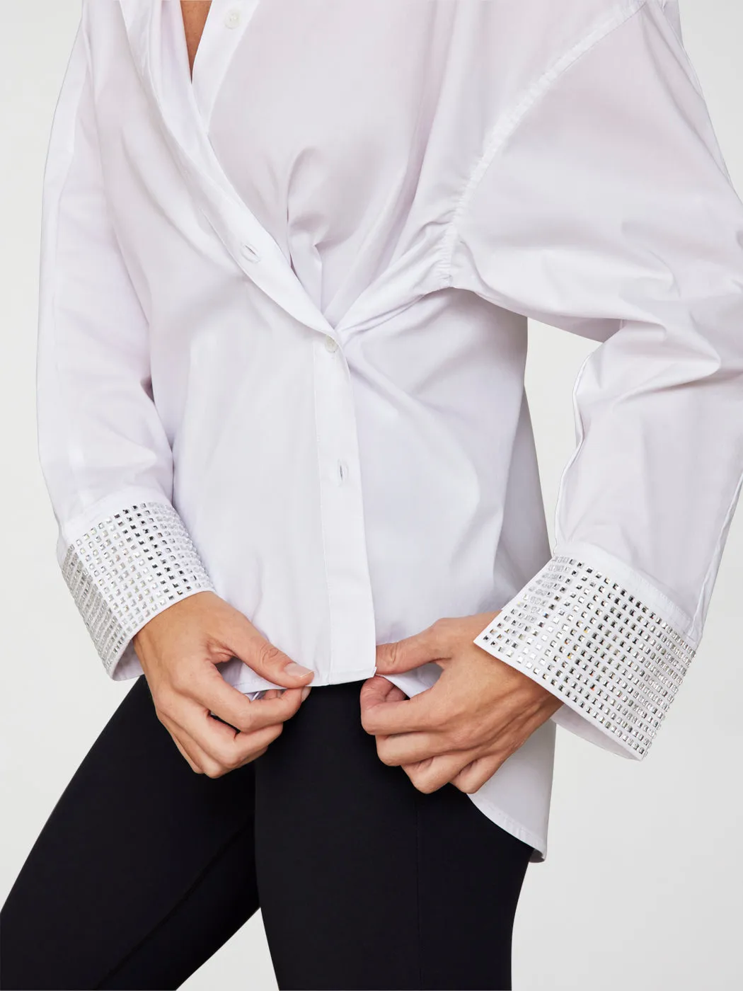 RHINESTONE OVERSIZED BUTTON UP SHIRT - White w/ Silver Rhinestones