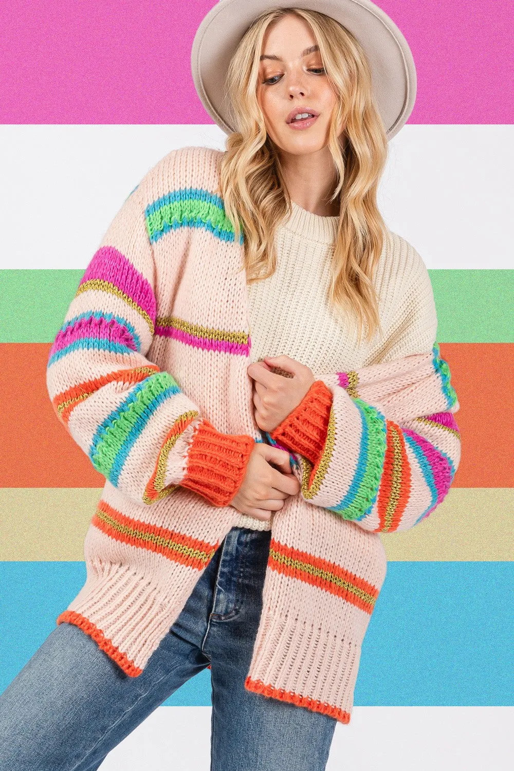 SAGE   FIG Rainbow Striped Open Front Knit Cardigan