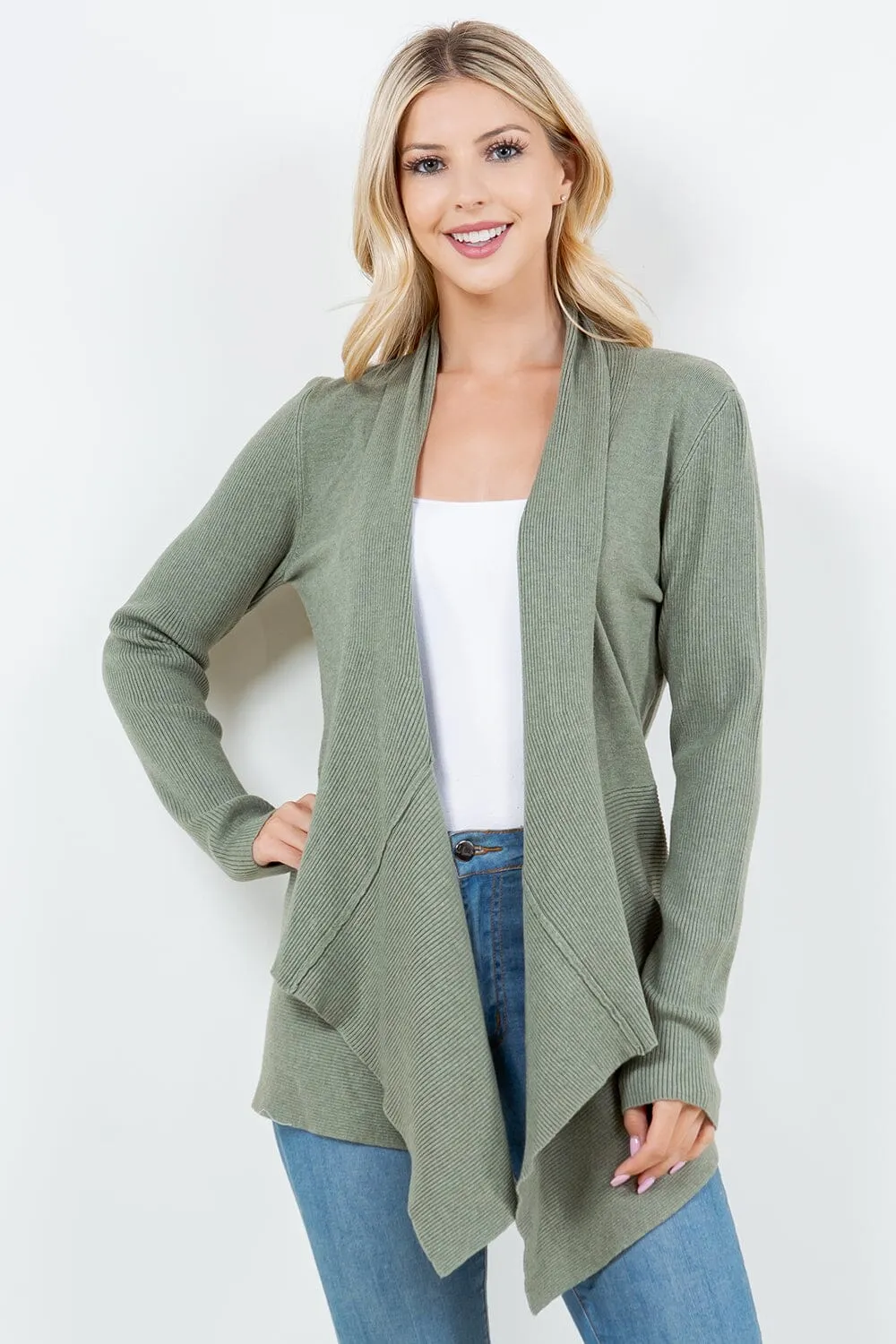 SAGE GREEN OPEN SOFT RIBBED SLEEVE CARDIGAN