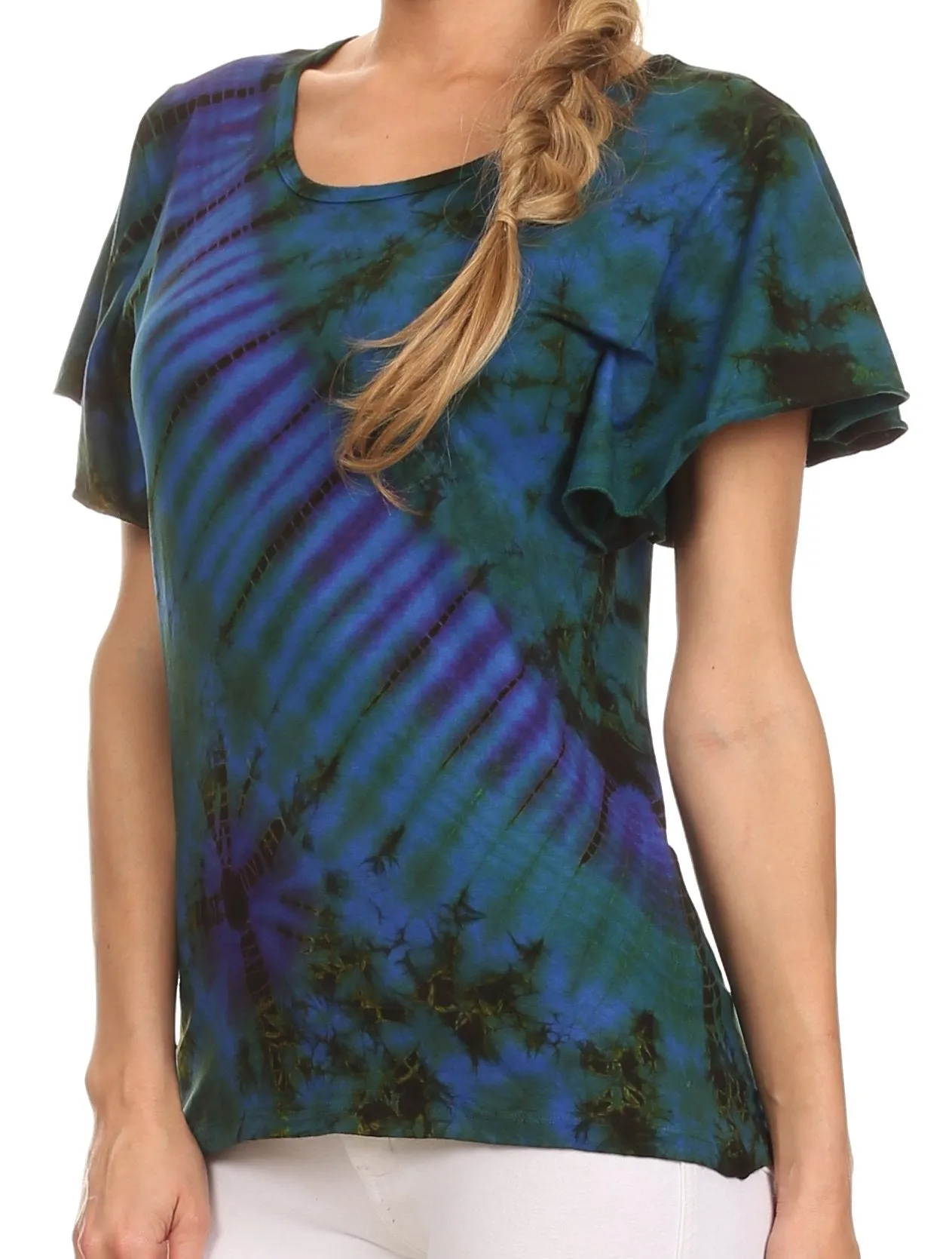 Sakkas Ina Tie Dye Scoop Neck Cap Sleeves Blouse/Top