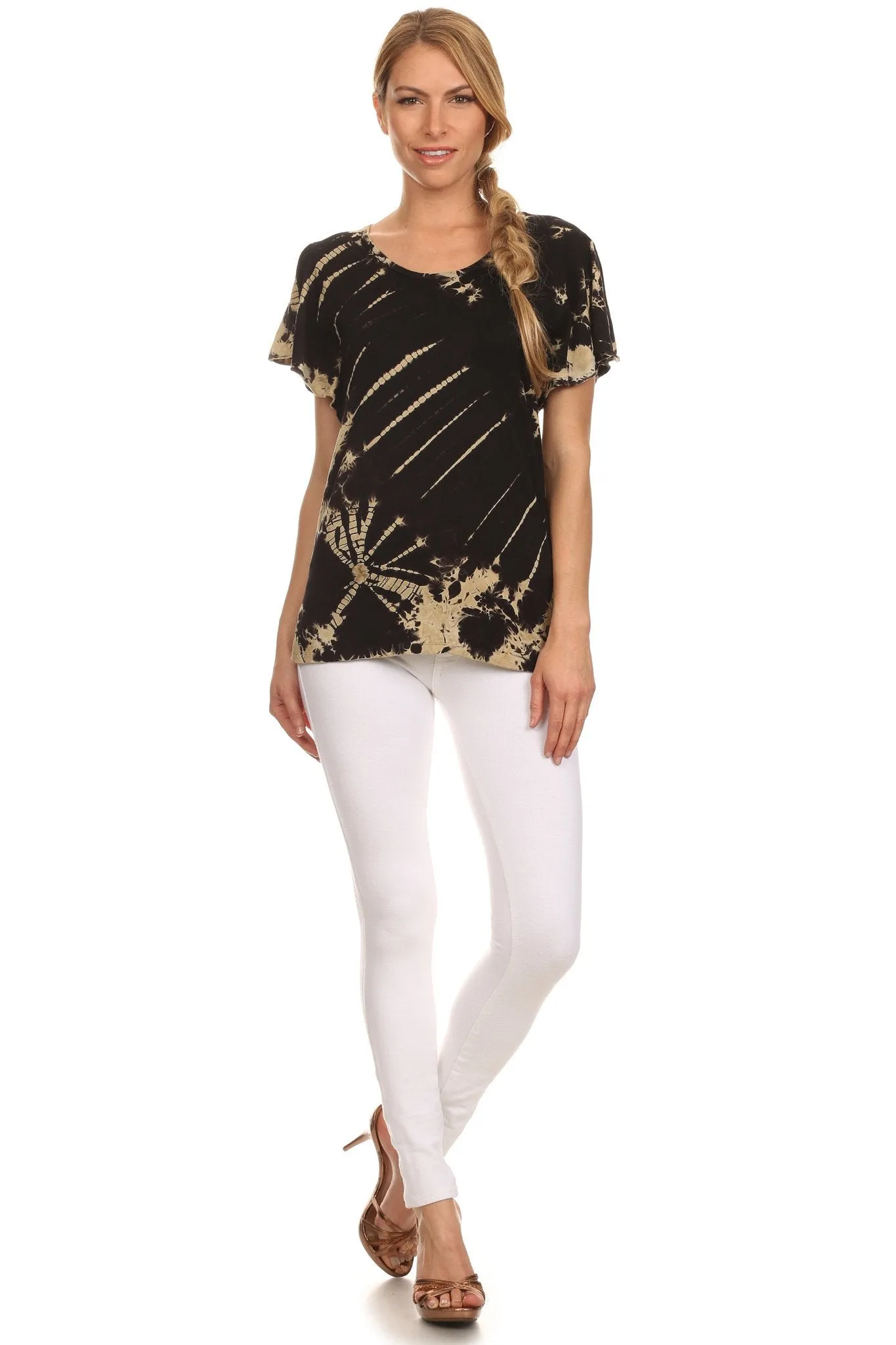 Sakkas Ina Tie Dye Scoop Neck Cap Sleeves Blouse/Top