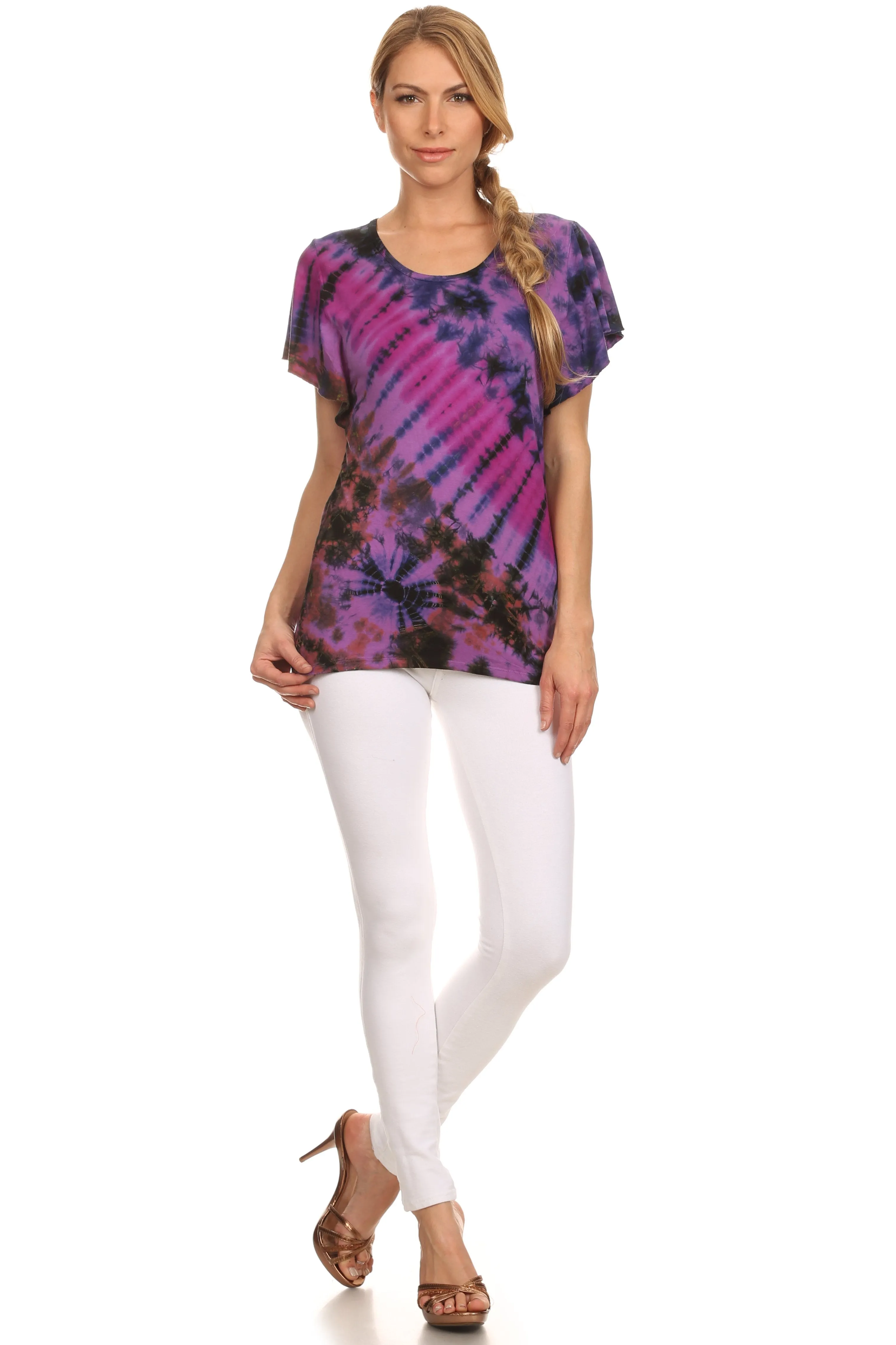 Sakkas Ina Tie Dye Scoop Neck Cap Sleeves Blouse/Top