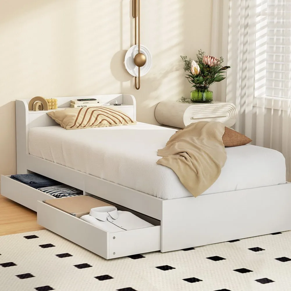 Single Package | Aura Bed Frame With 2 Storage Drawers White & Bonita Pillow Top Mattress (Medium Firm)