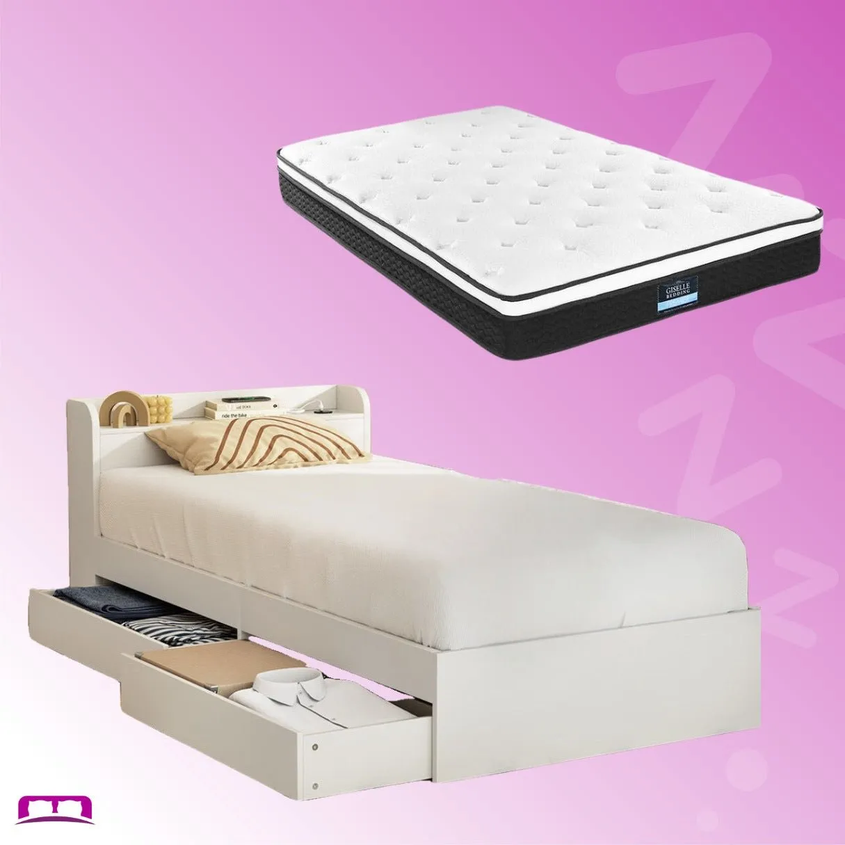 Single Package | Aura Bed Frame With 2 Storage Drawers White & Bonita Pillow Top Mattress (Medium Firm)