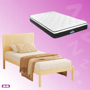 Single Package | Rita Rattan Wooden Bed Frame Pine & Bonita Pillow Top Mattress (Medium Firm)