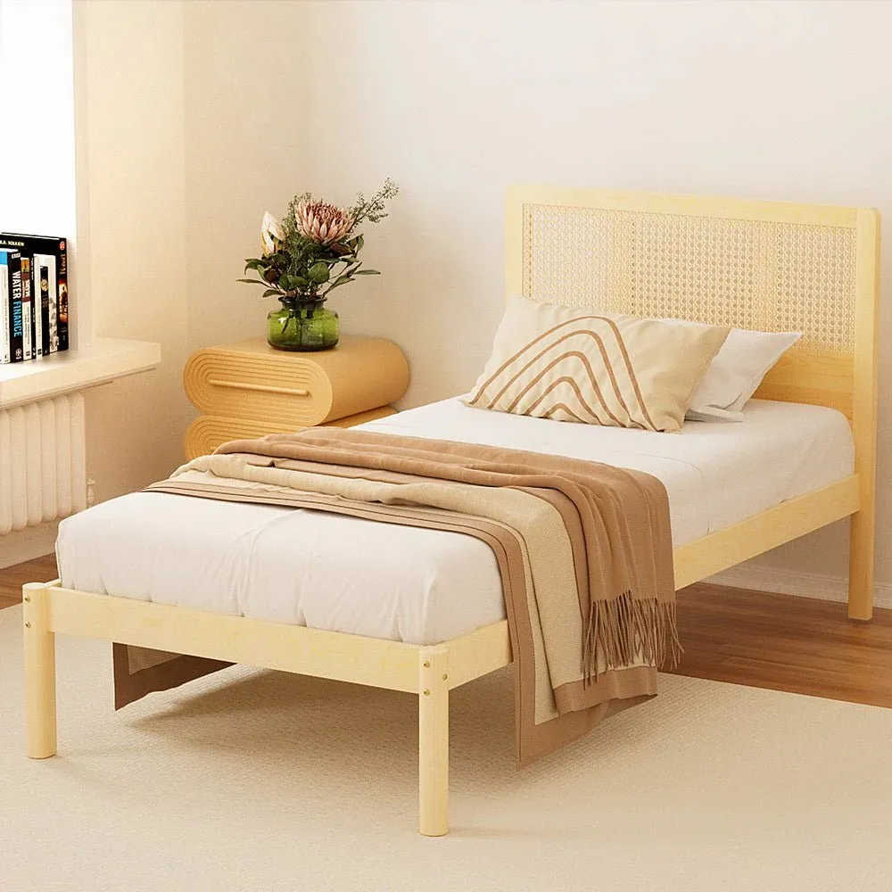 Single Package | Rita Rattan Wooden Bed Frame Pine & Bonita Pillow Top Mattress (Medium Firm)