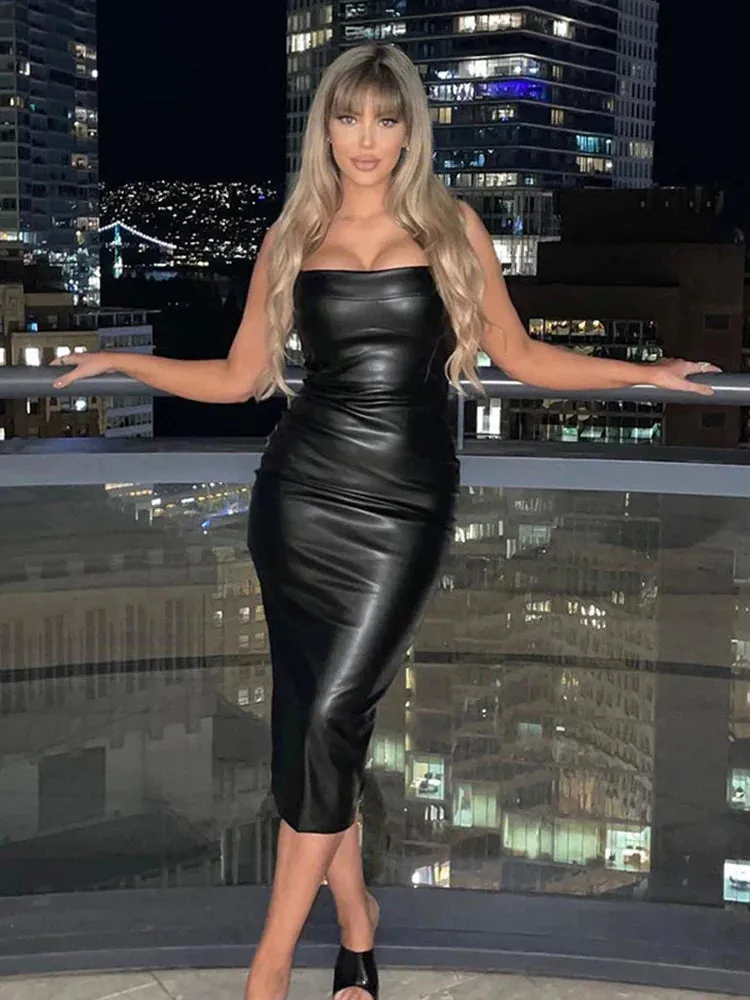 Sleek Edgy Faux PU Leather Sexy Sleeveless Backless Slit Summer Midi Dress