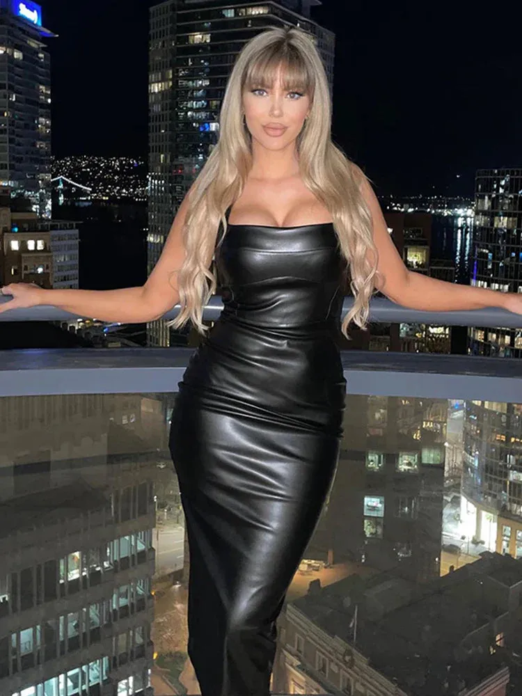 Sleek Edgy Faux PU Leather Sexy Sleeveless Backless Slit Summer Midi Dress