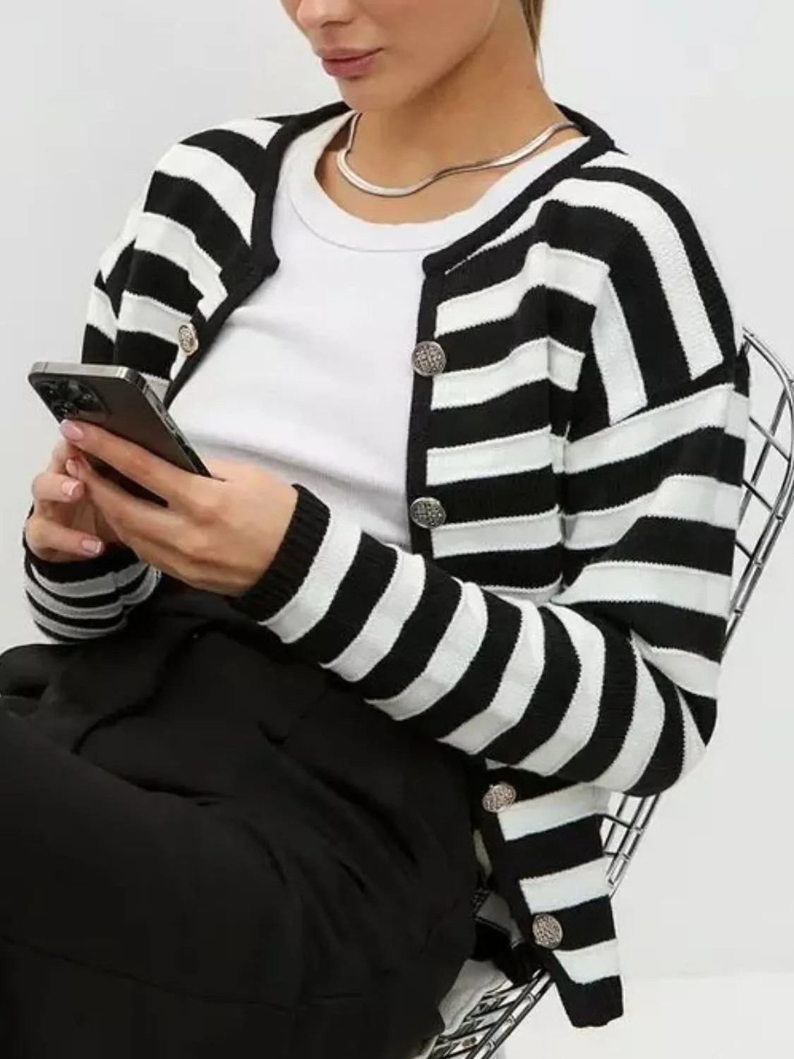 Striped Dropped Shoulder Long Sleeve Cardigan