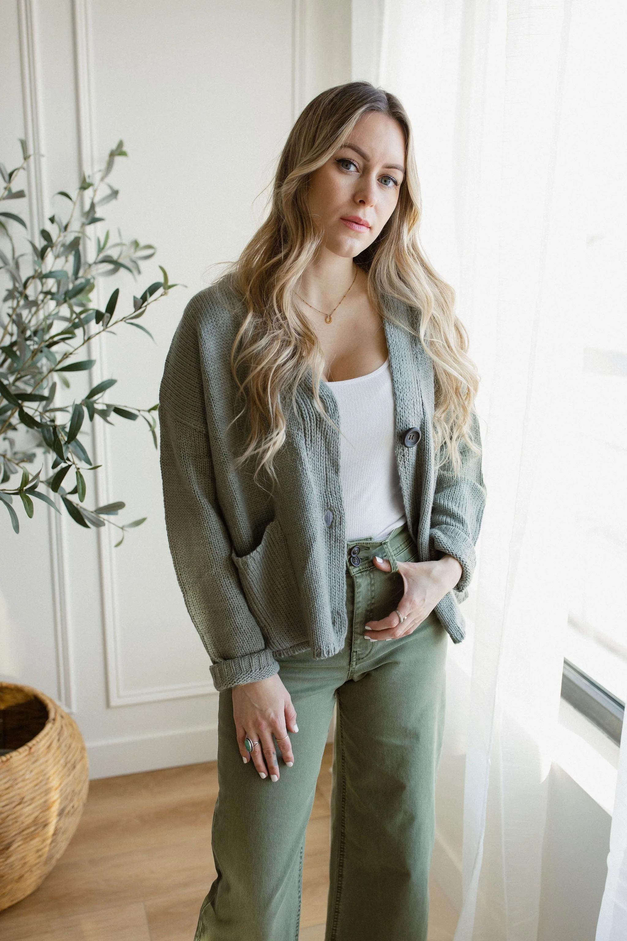 The Ashley Button Cardigan - Desert Sage