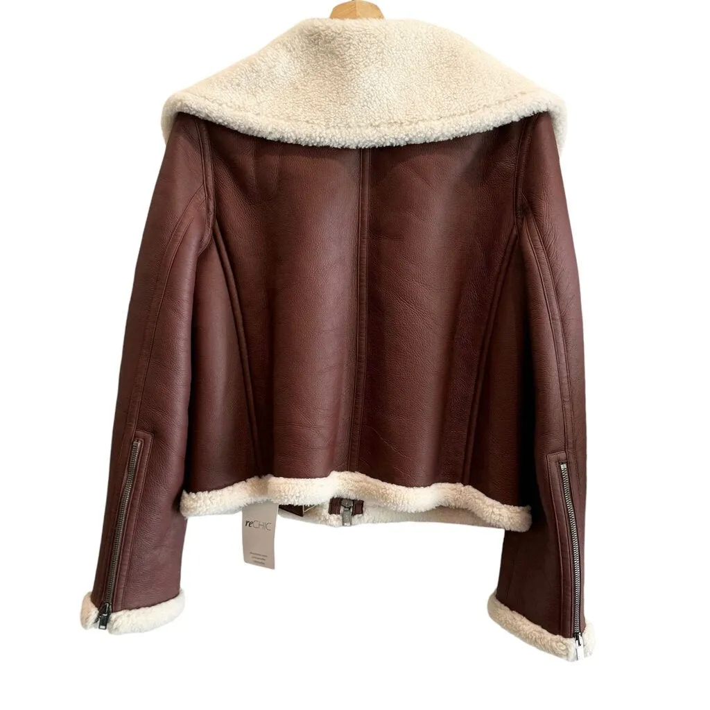 *Theory Sedona Relax Shearling Moto Lamb's Leather Wide Collar Zip-Up Jacket, Size M