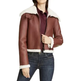 *Theory Sedona Relax Shearling Moto Lamb's Leather Wide Collar Zip-Up Jacket, Size M