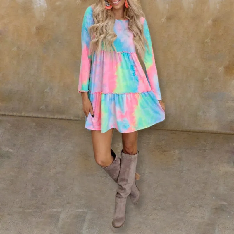 Tie-dye Printed Long-sleeve Panelled Dress