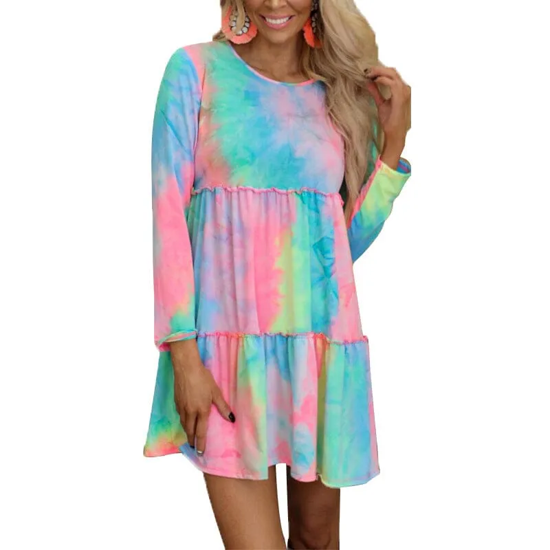 Tie-dye Printed Long-sleeve Panelled Dress