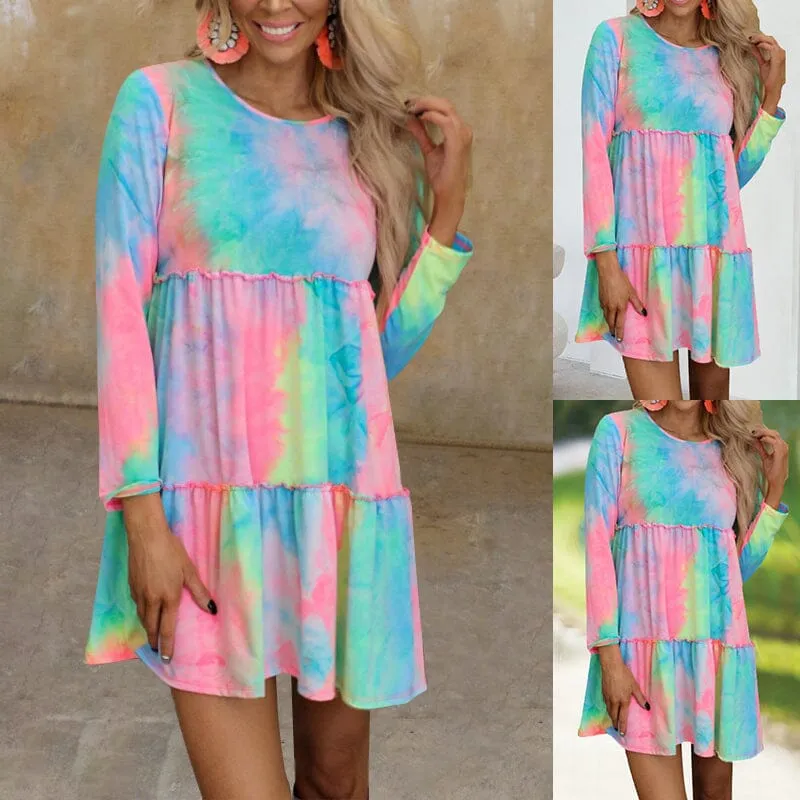 Tie-dye Printed Long-sleeve Panelled Dress