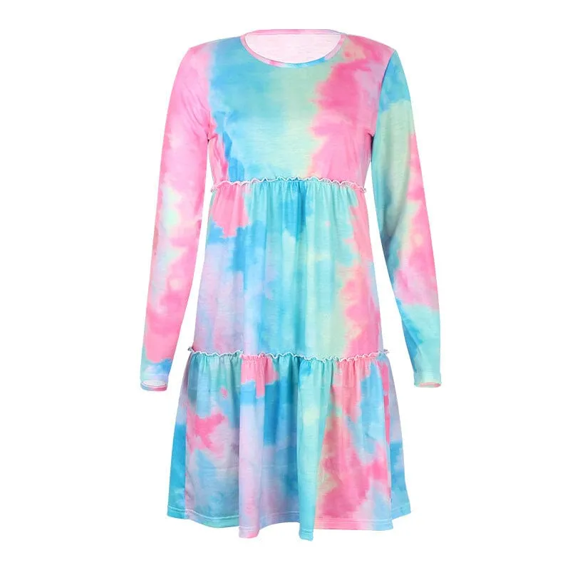 Tie-dye Printed Long-sleeve Panelled Dress