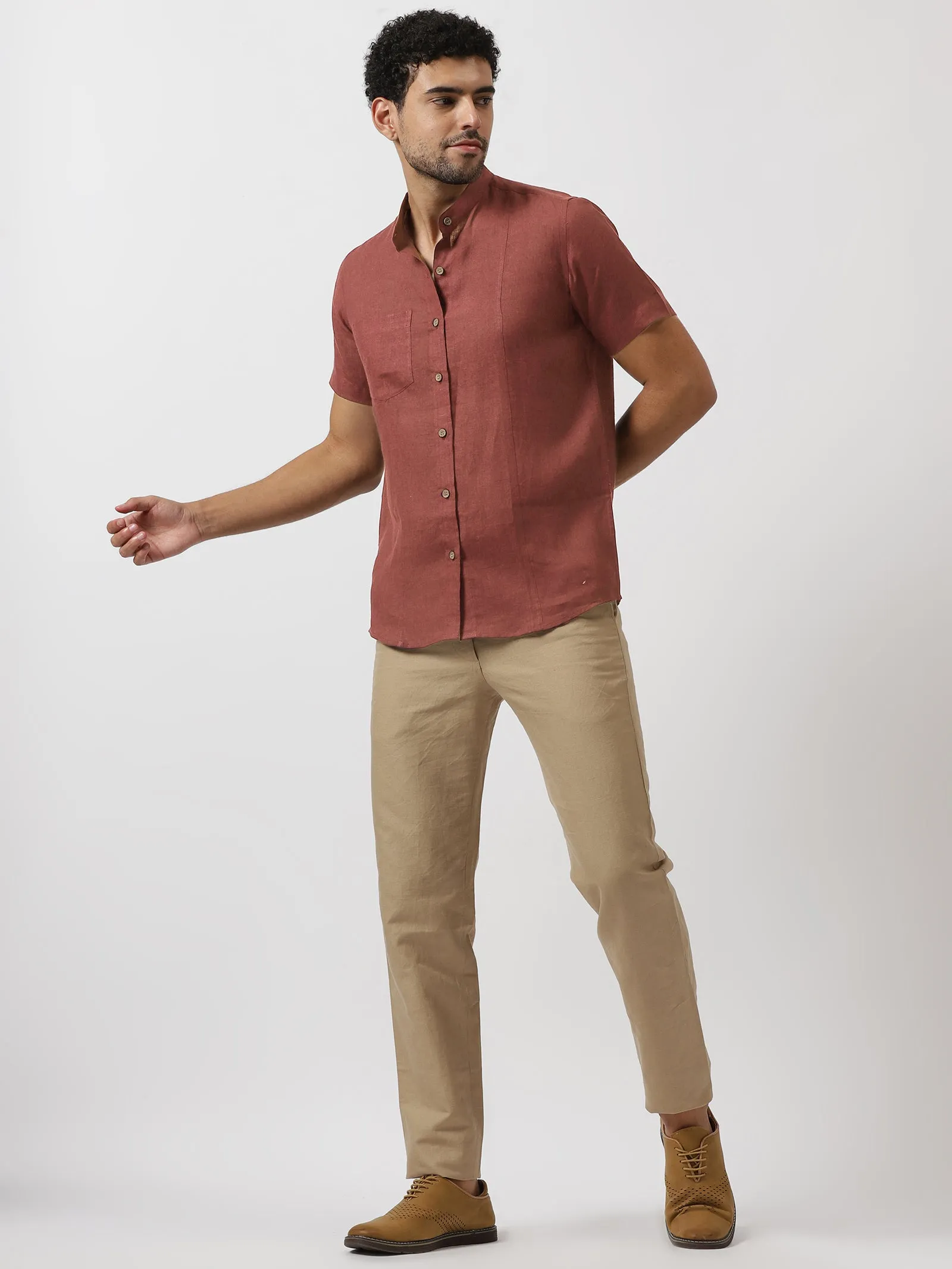 Trevor - Pure Linen Mandarin Collar Half Sleeve Shirt - Terracotta Red