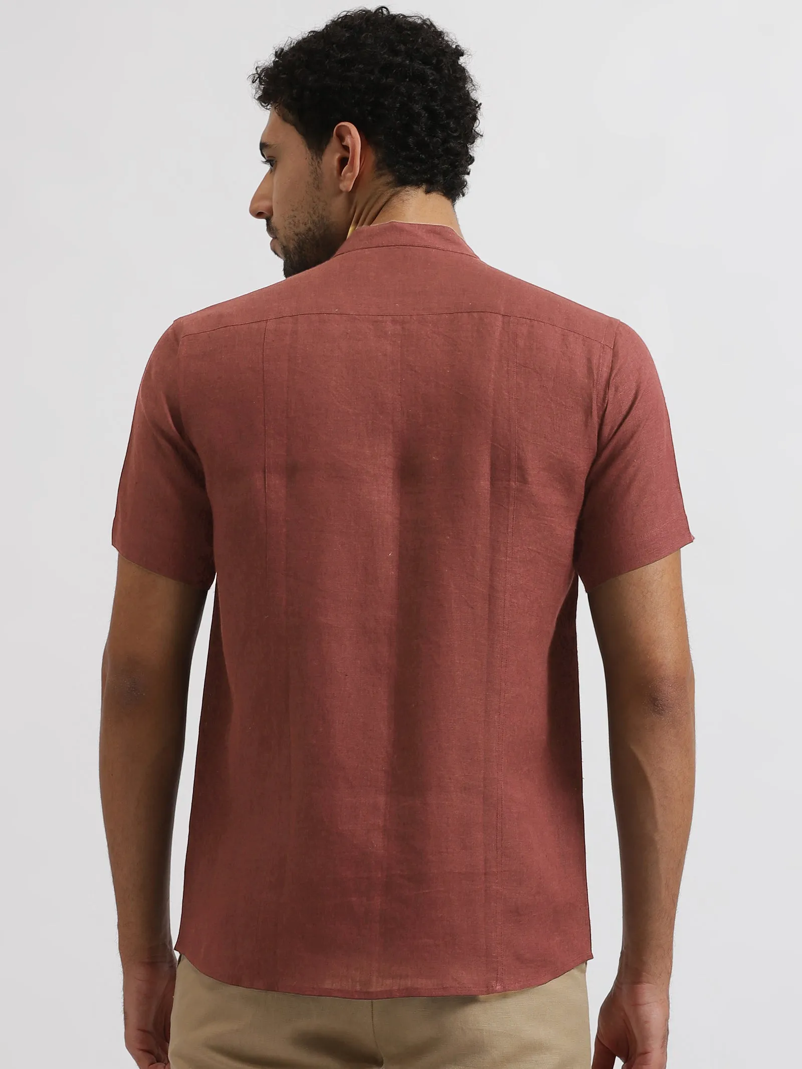 Trevor - Pure Linen Mandarin Collar Half Sleeve Shirt - Terracotta Red