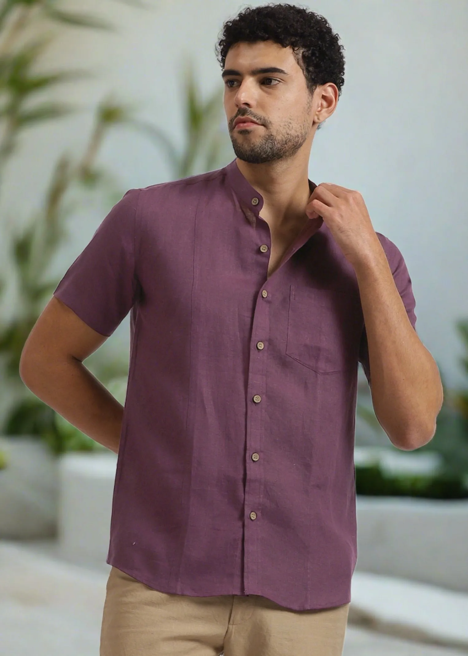 Trevor - Pure Linen Mandarin Collar Half Sleeve Shirt - Twilight Purple