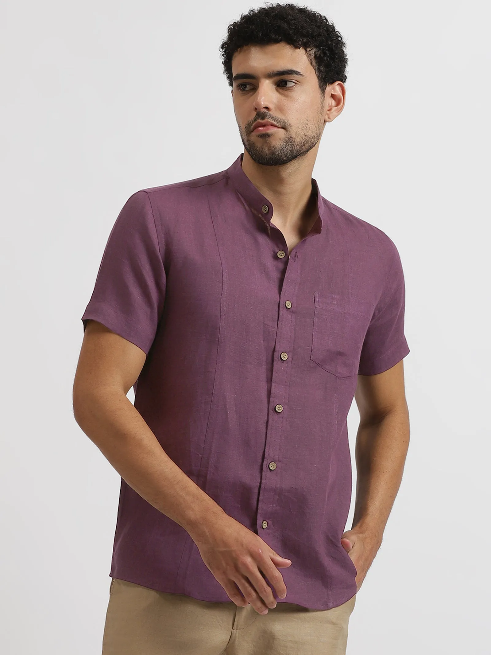 Trevor - Pure Linen Mandarin Collar Half Sleeve Shirt - Twilight Purple