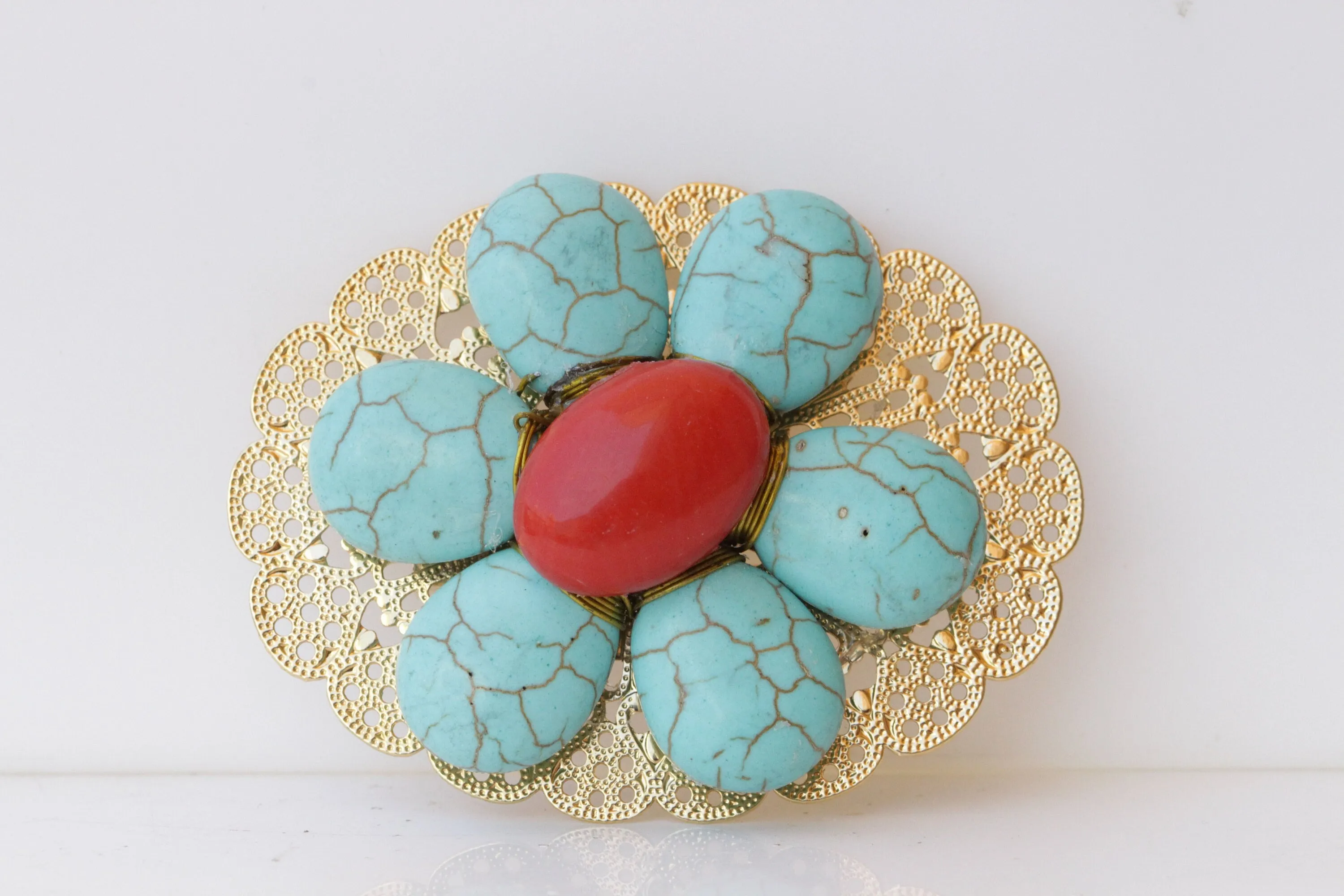 TURQUOISE And CORAL BROOCH