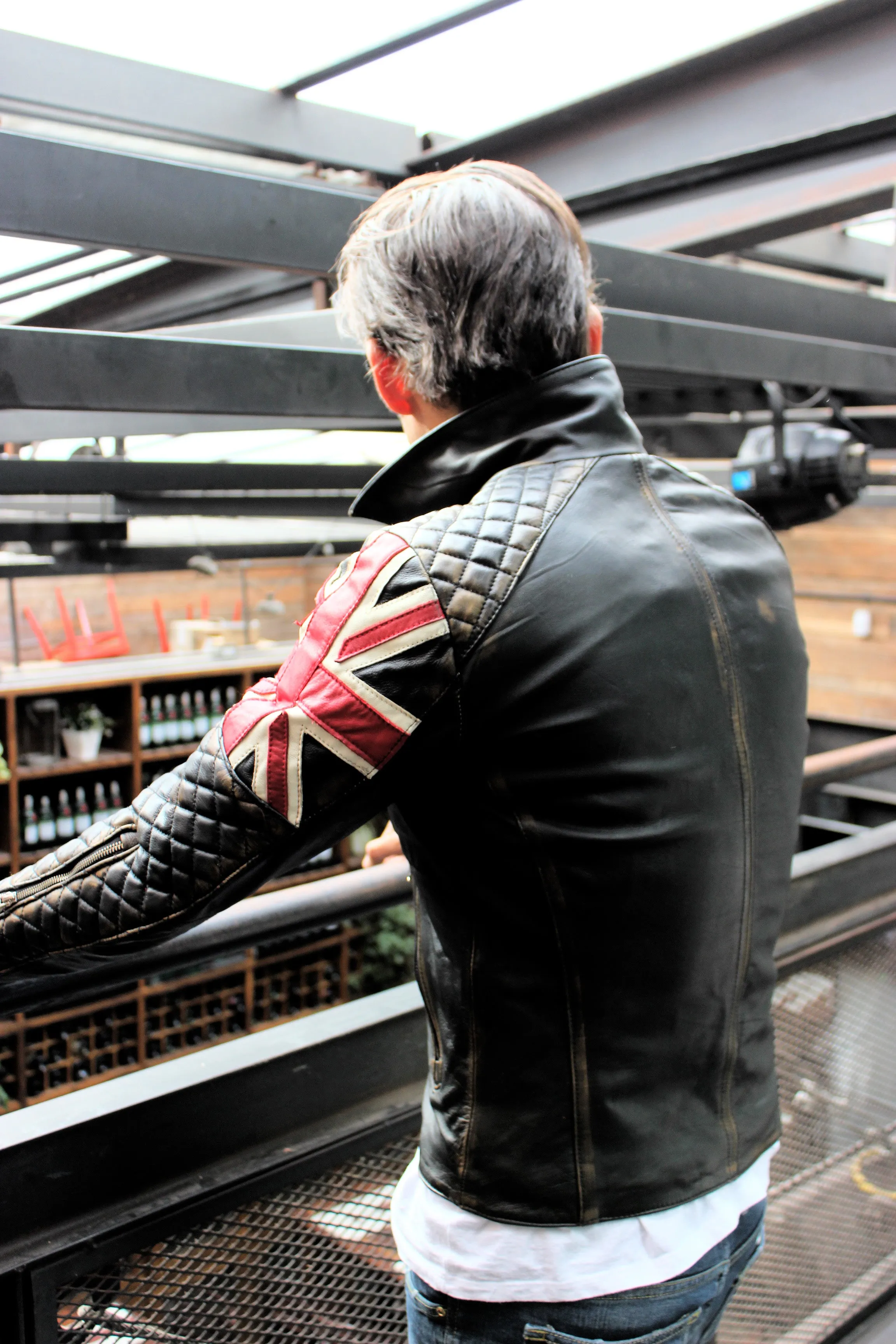 UNION JACK Leather Jacket in Distressed Black Color British Flag Cafe Racer- Limited Ed