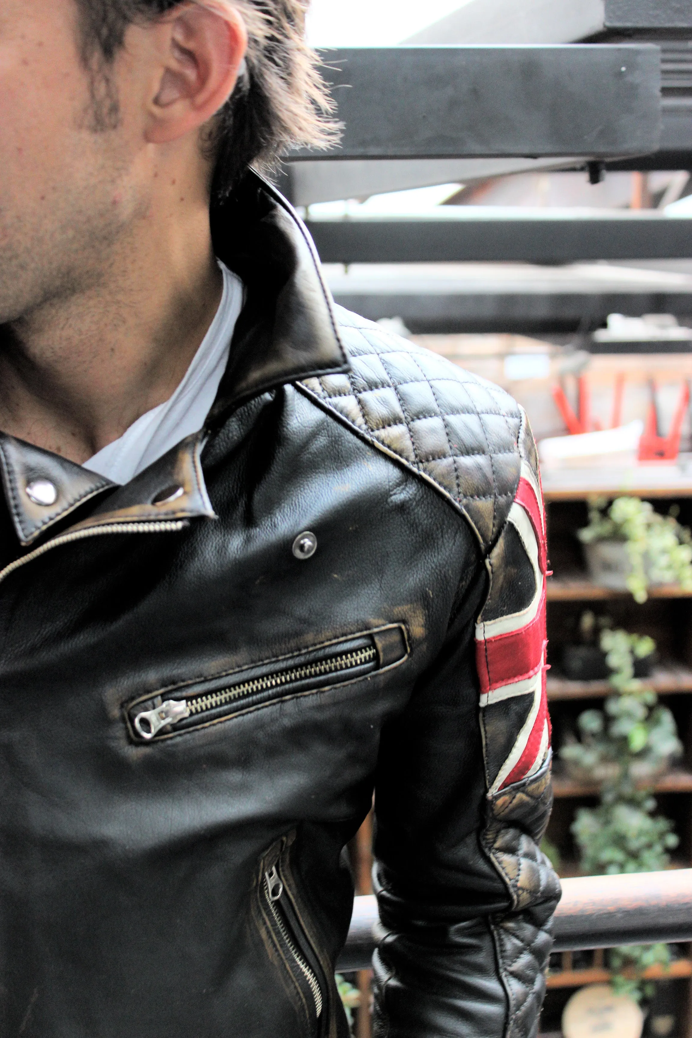 UNION JACK Leather Jacket in Distressed Black Color British Flag Cafe Racer- Limited Ed