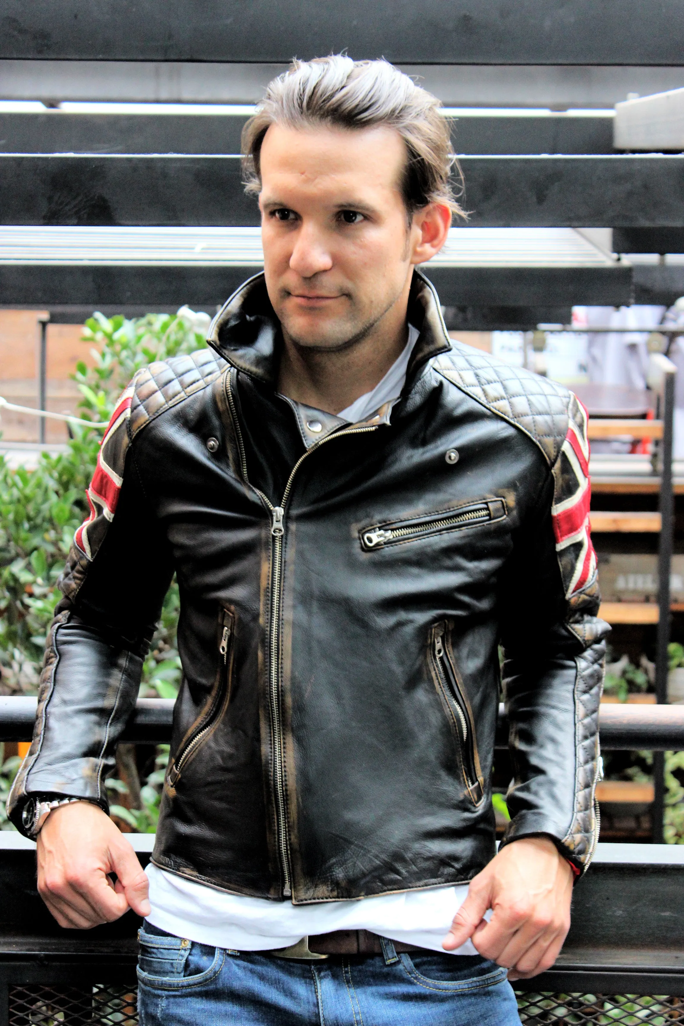 UNION JACK Leather Jacket in Distressed Black Color British Flag Cafe Racer- Limited Ed