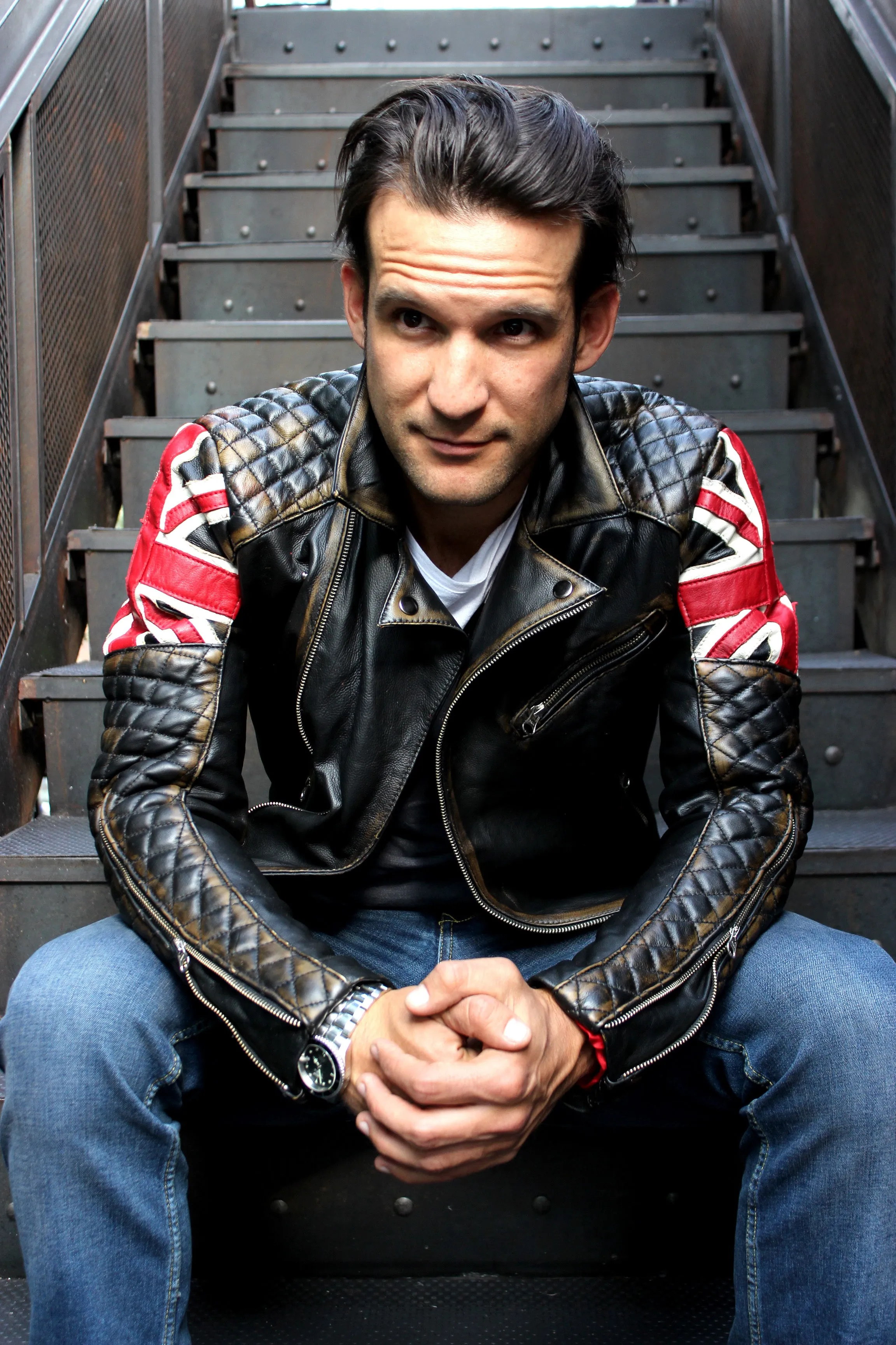 UNION JACK Leather Jacket in Distressed Black Color British Flag Cafe Racer- Limited Ed