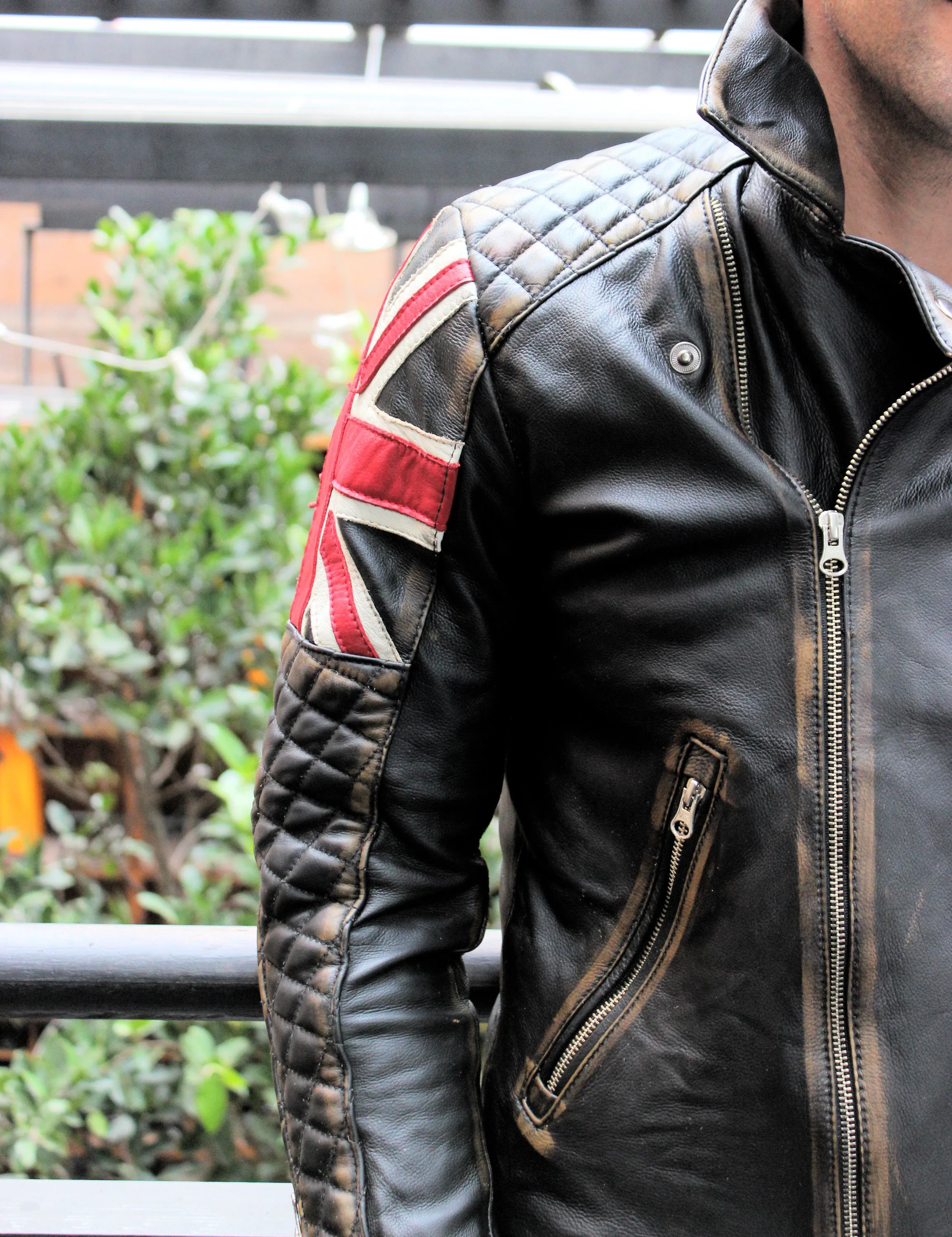 UNION JACK Leather Jacket in Distressed Black Color British Flag Cafe Racer- Limited Ed