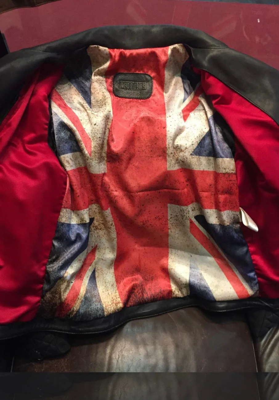 UNION JACK Leather Jacket in Distressed Black Color British Flag Cafe Racer- Limited Ed