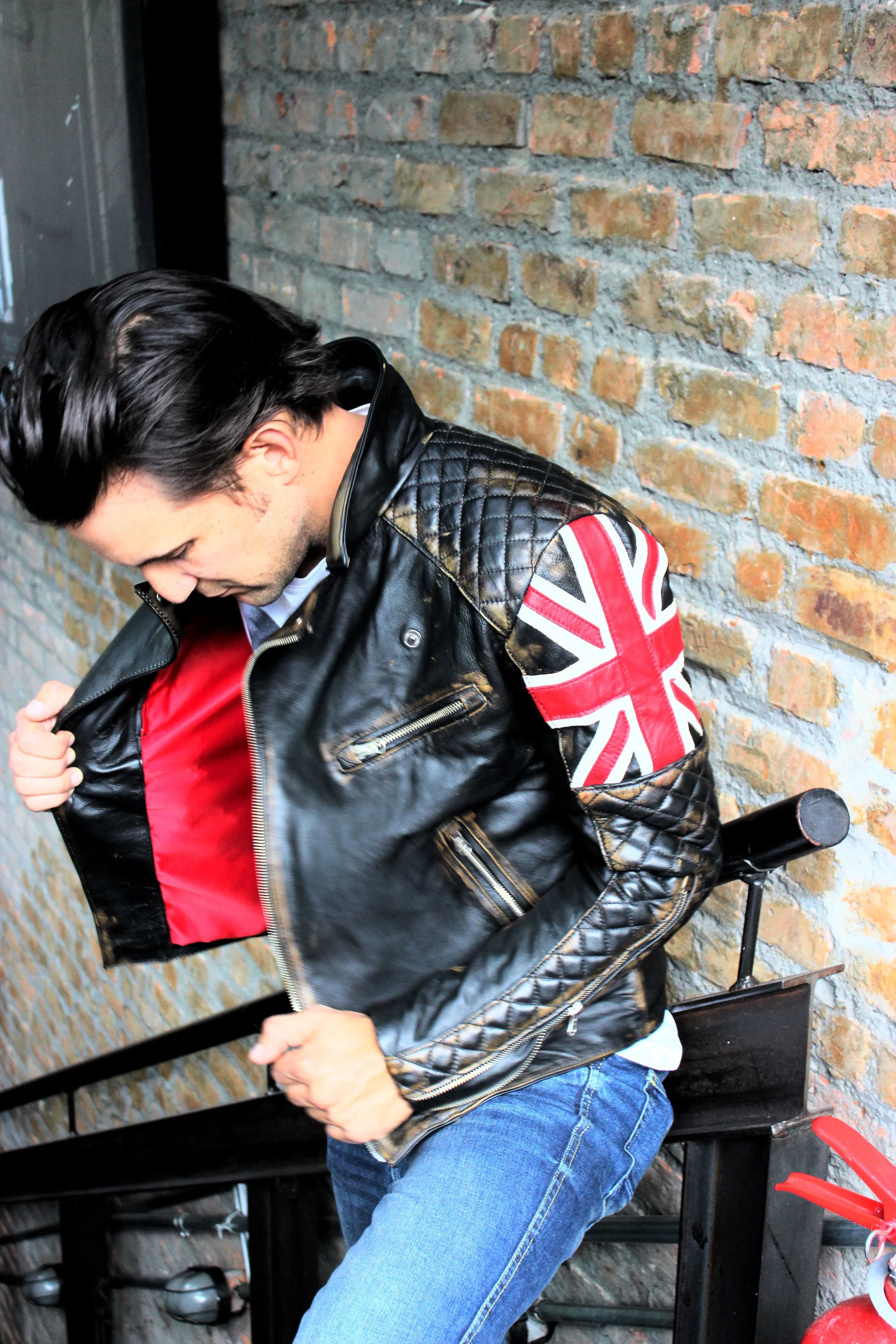 UNION JACK Leather Jacket in Distressed Black Color British Flag Cafe Racer- Limited Ed