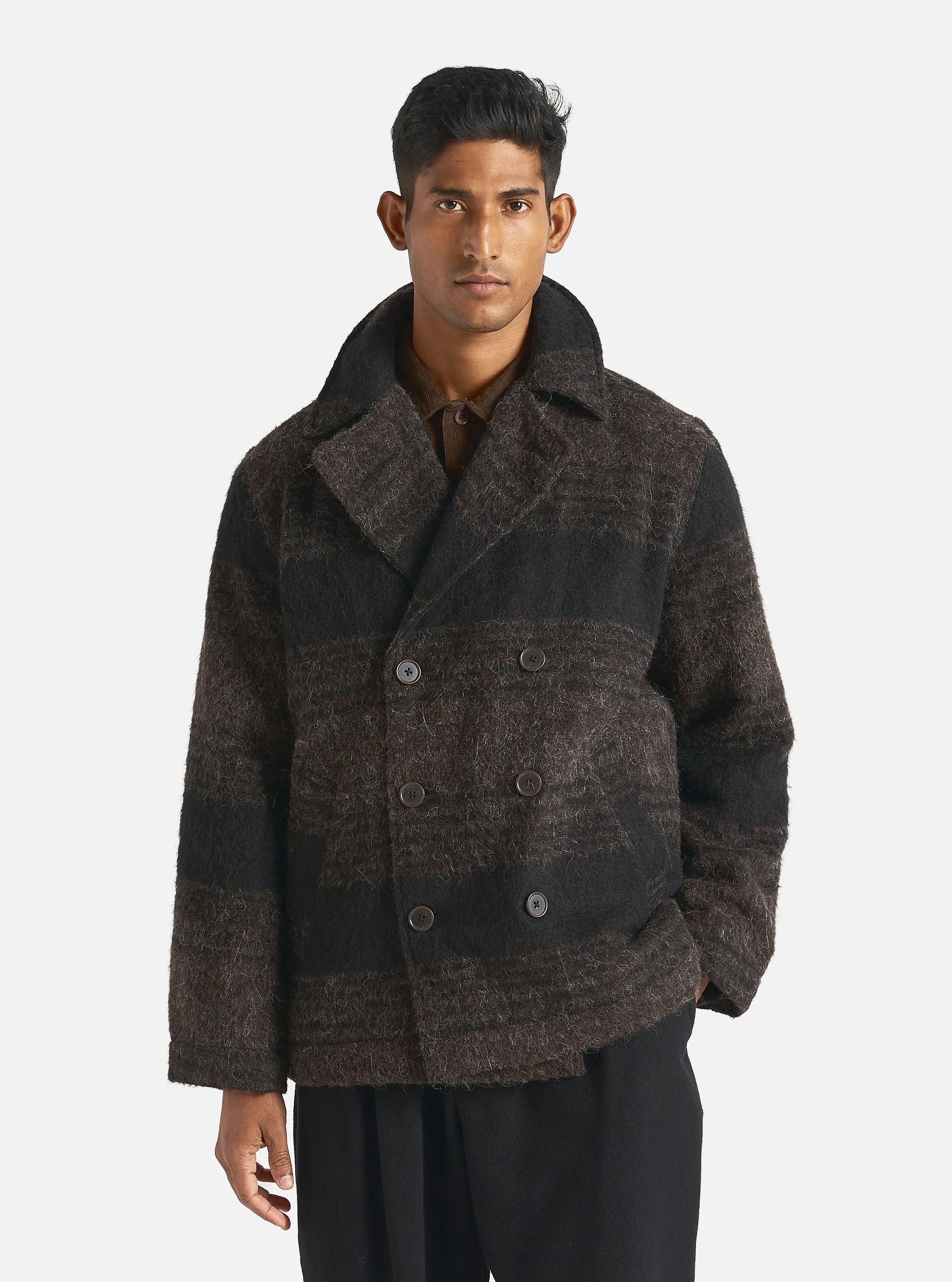 Universal Works Peacoat in Brown/Black Alpaca Recycled Mix