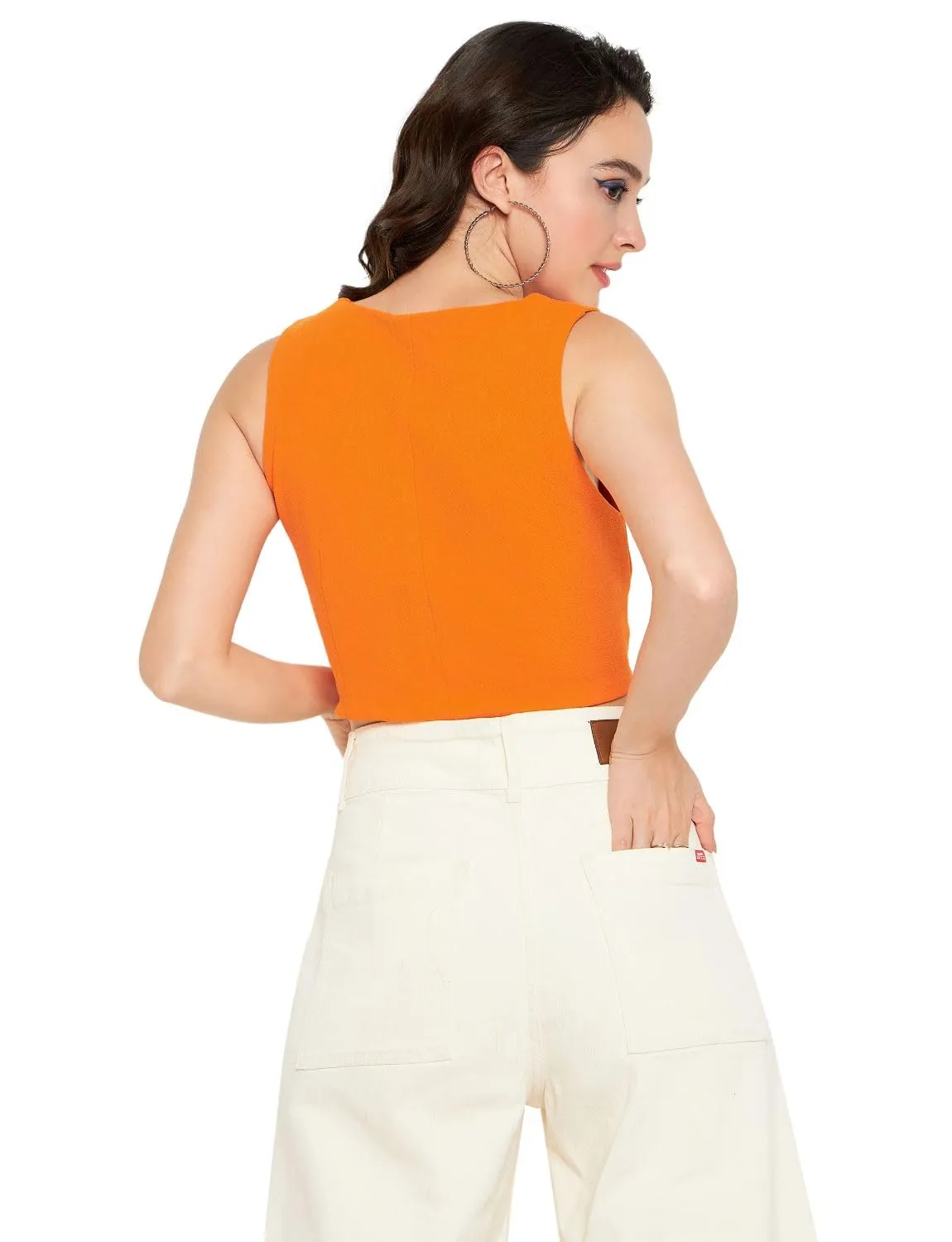 Uptownie Lite Stretchable V Neck Sleeveless Knotted Crop Top (Orange,M)