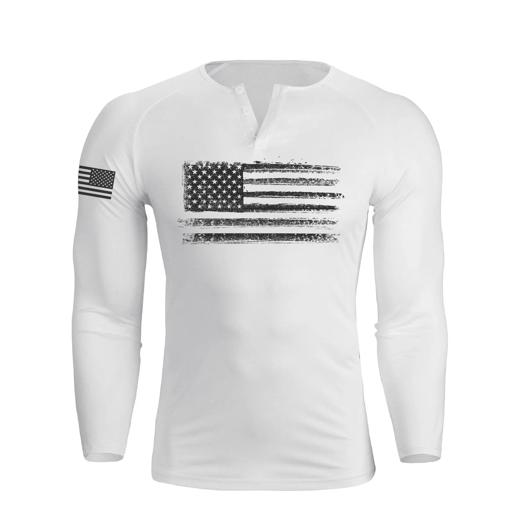 USA FLAG 1/4 BUTTON V-NECK LONG SLEEVE HENLEY SHIRT