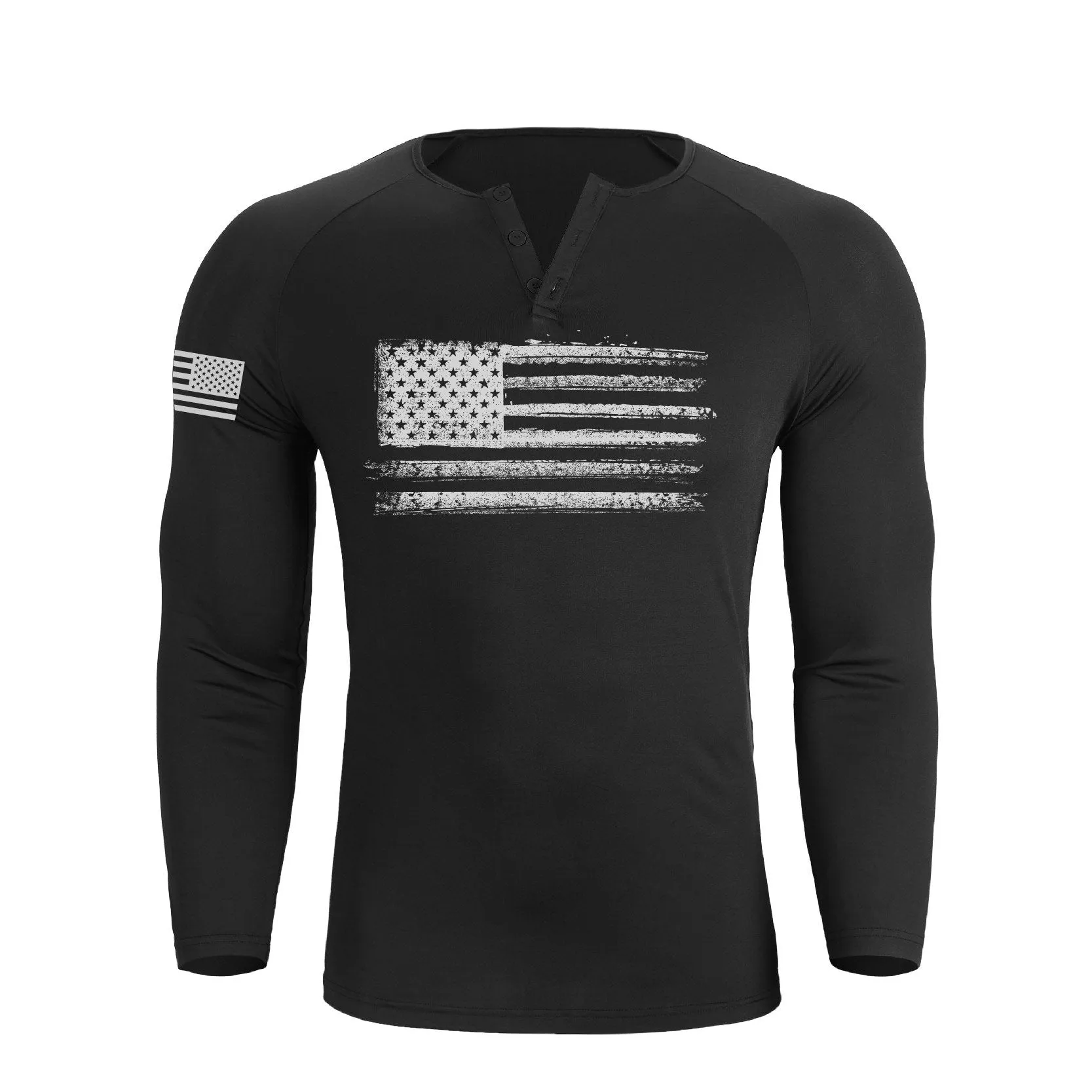 USA FLAG 1/4 BUTTON V-NECK LONG SLEEVE HENLEY SHIRT