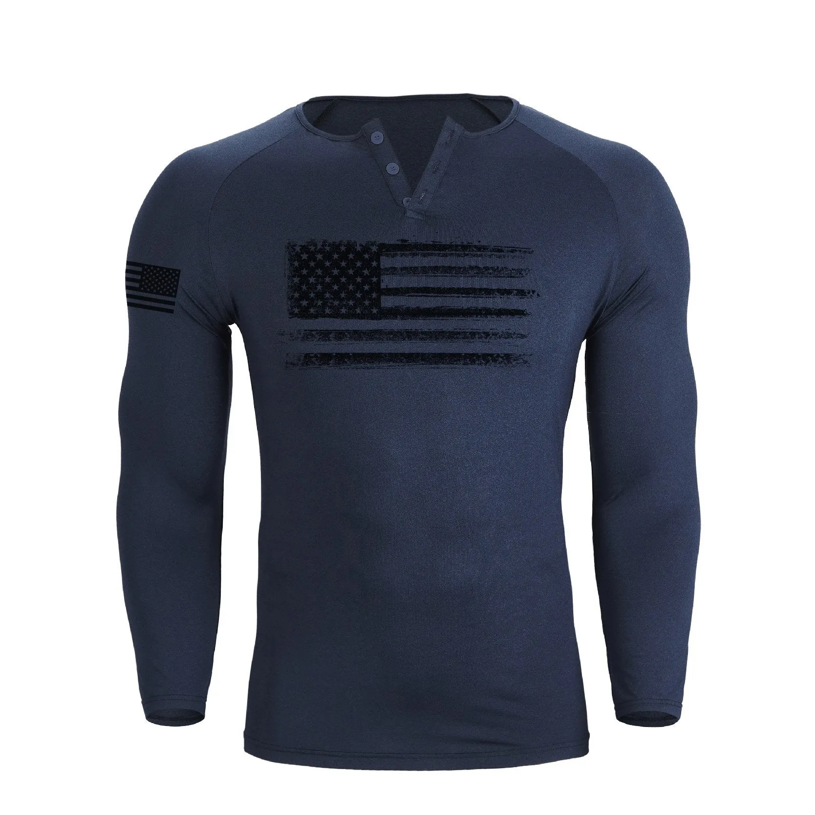 USA FLAG 1/4 BUTTON V-NECK LONG SLEEVE HENLEY SHIRT