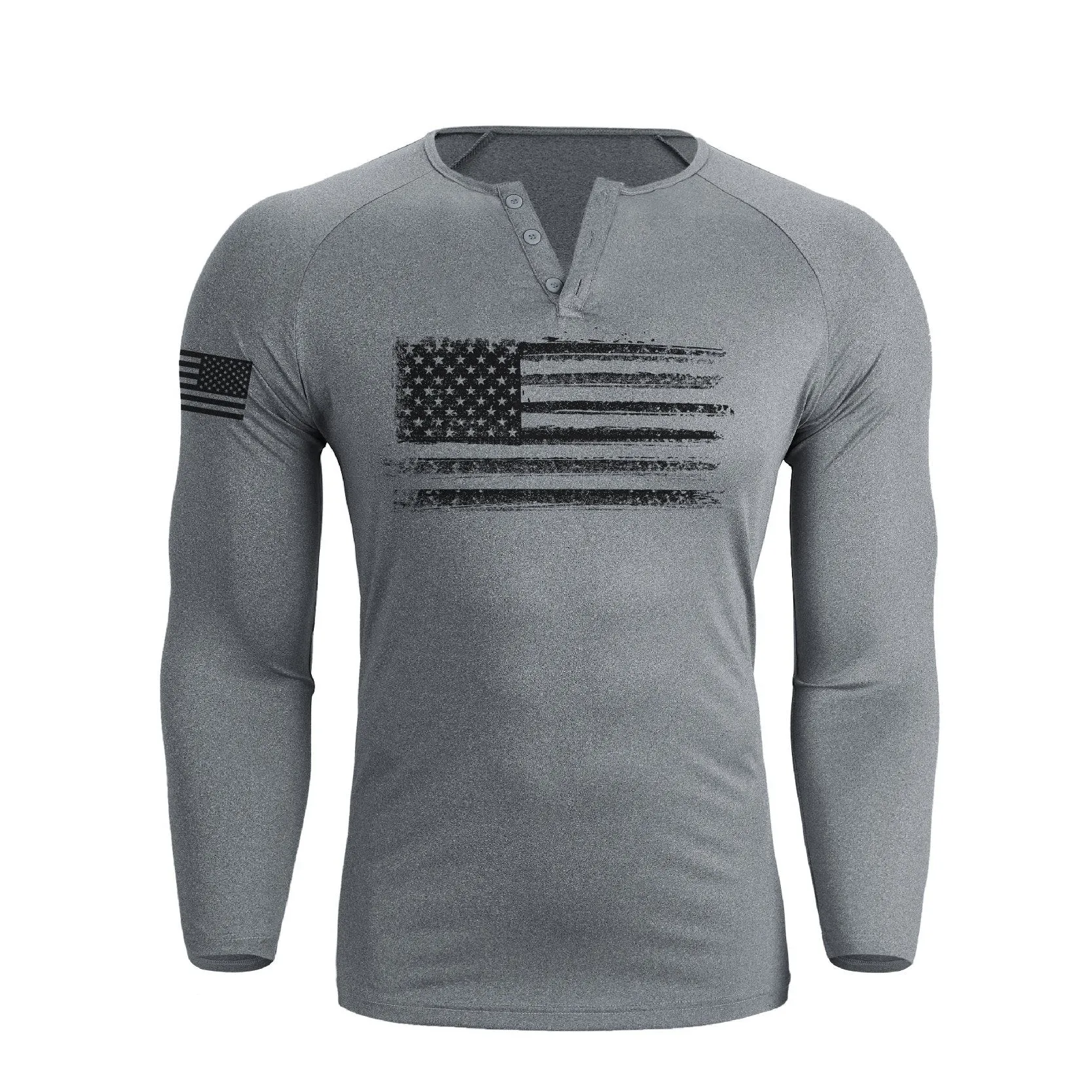 USA FLAG 1/4 BUTTON V-NECK LONG SLEEVE HENLEY SHIRT