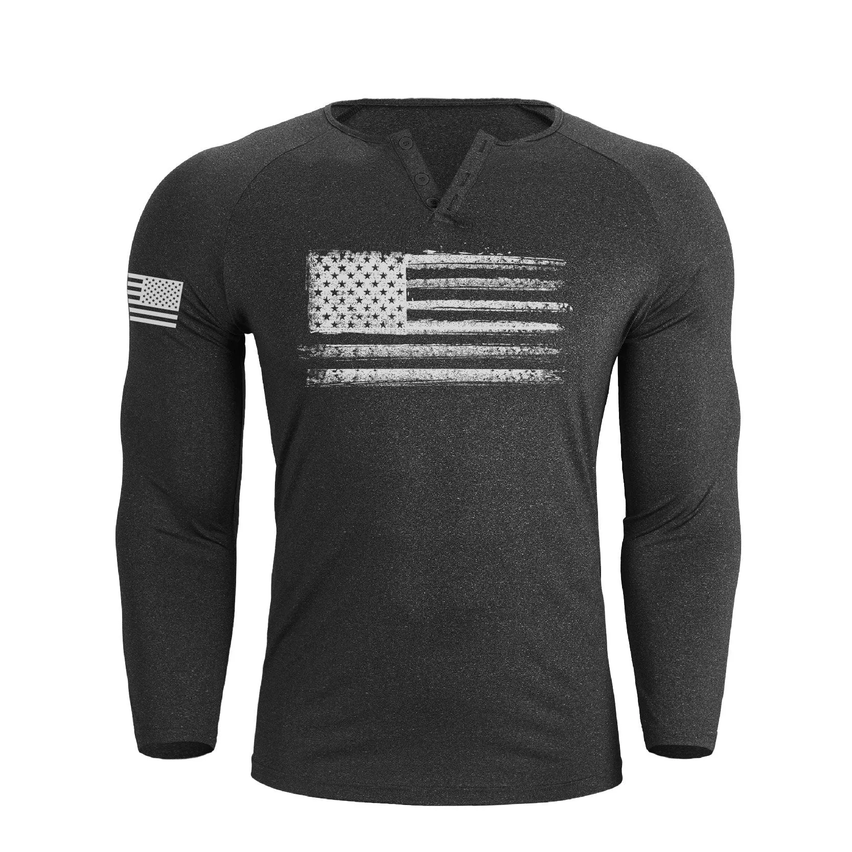 USA FLAG 1/4 BUTTON V-NECK LONG SLEEVE HENLEY SHIRT