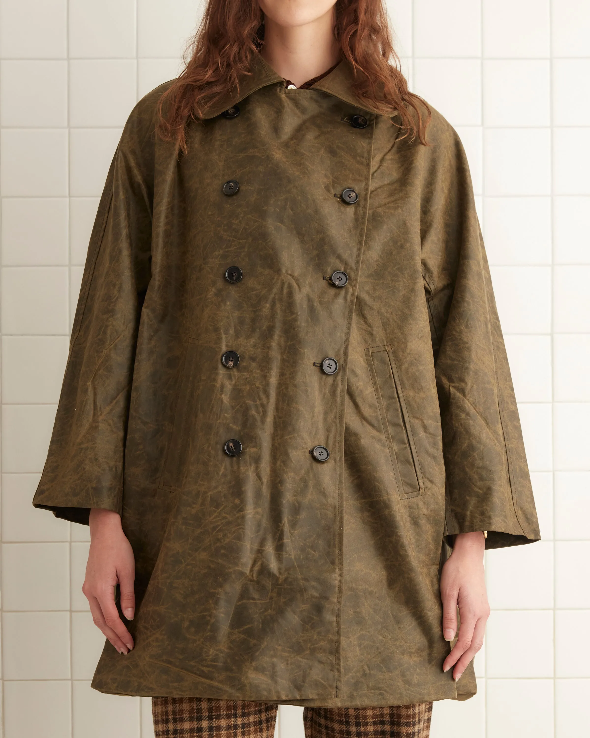 Waxed Swing Peacoat - Brown