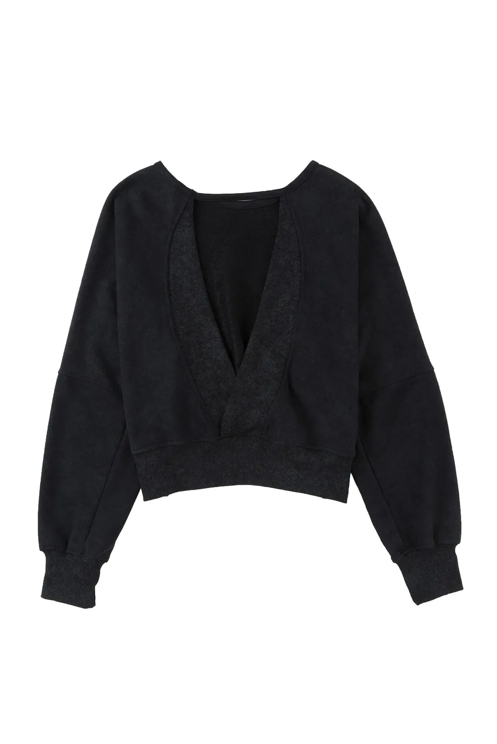 Wenkouban-Christmas Thanksgiving outfits_Acid Back Wash Open V-shape in Sweatshirt Black